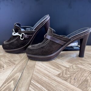 AUTHENTIC COACH Brown Leather And Suede MULE SLIDE Clog High Heels SIZE 8.5